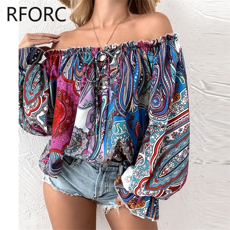 Women Slash Collar Edible Tree Fungus All Over Print Lace Up Long Lantern Sleeves Vacation Blouse Top 250310