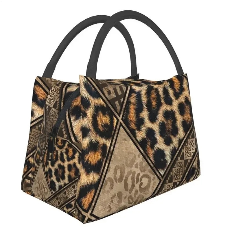 Ethnic Ornaments Brown Animal Leopard Print Insulated Lunch Bags for Women Leopard Skin Resuable Thermal Cooler Food Lunch Box 250217bj