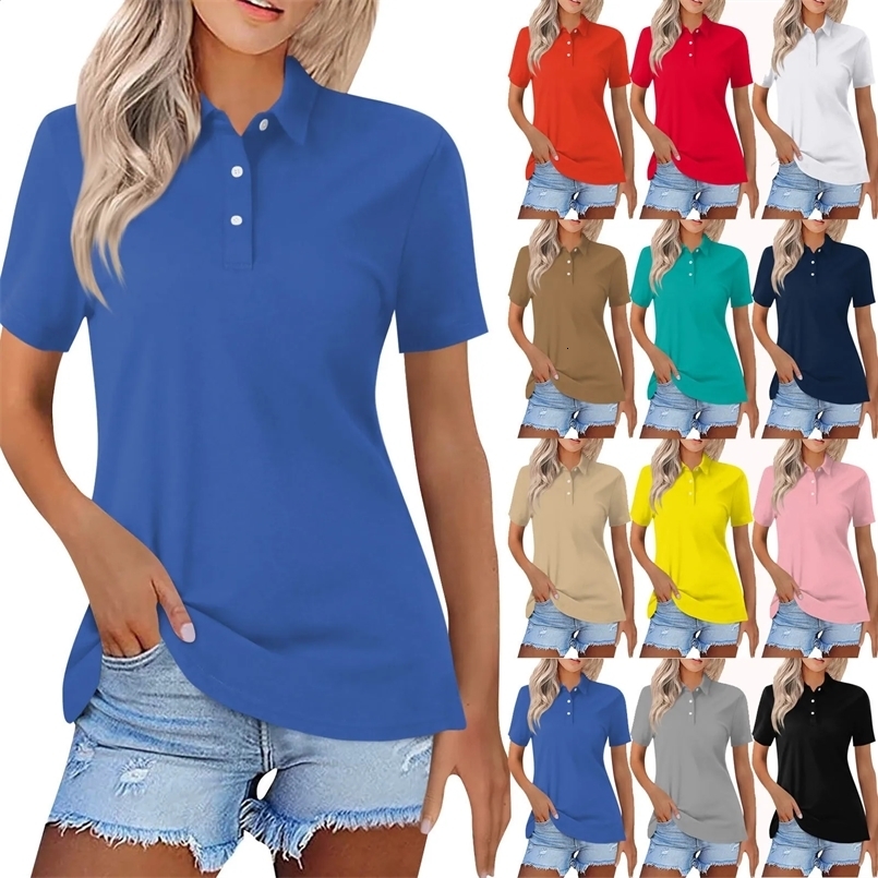 Womens Tops Short Sleeve Polo Shirts Summer Casual Collared Button T-Shirts Vneck Loose Fit Fashion Lapel Solid Color Tunics 250318