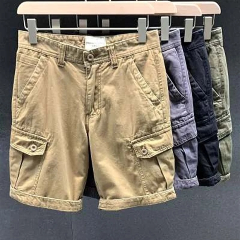 Mens cargo shorts pocket zipper button solid Bermuda shorts mens stretch wide jogging Y2k knee length cotton khaki 250110