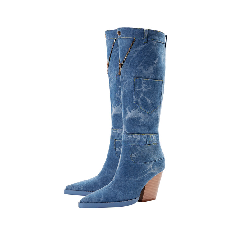Chengdu Artisan kniehohe Stiefel aus gewaschenem Denim – 8,5 cm Keilabsatz, spitze Zehenstiefel (Vintage-Waschung), modische Boho-Chic-Stiefel