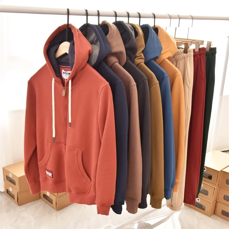 Spring Winter American Heavyweight Knitted Cardigan Hoodies Mens Fashion Long Sleeve Hooded Thick Velvet Casual Sweatshirts 240823