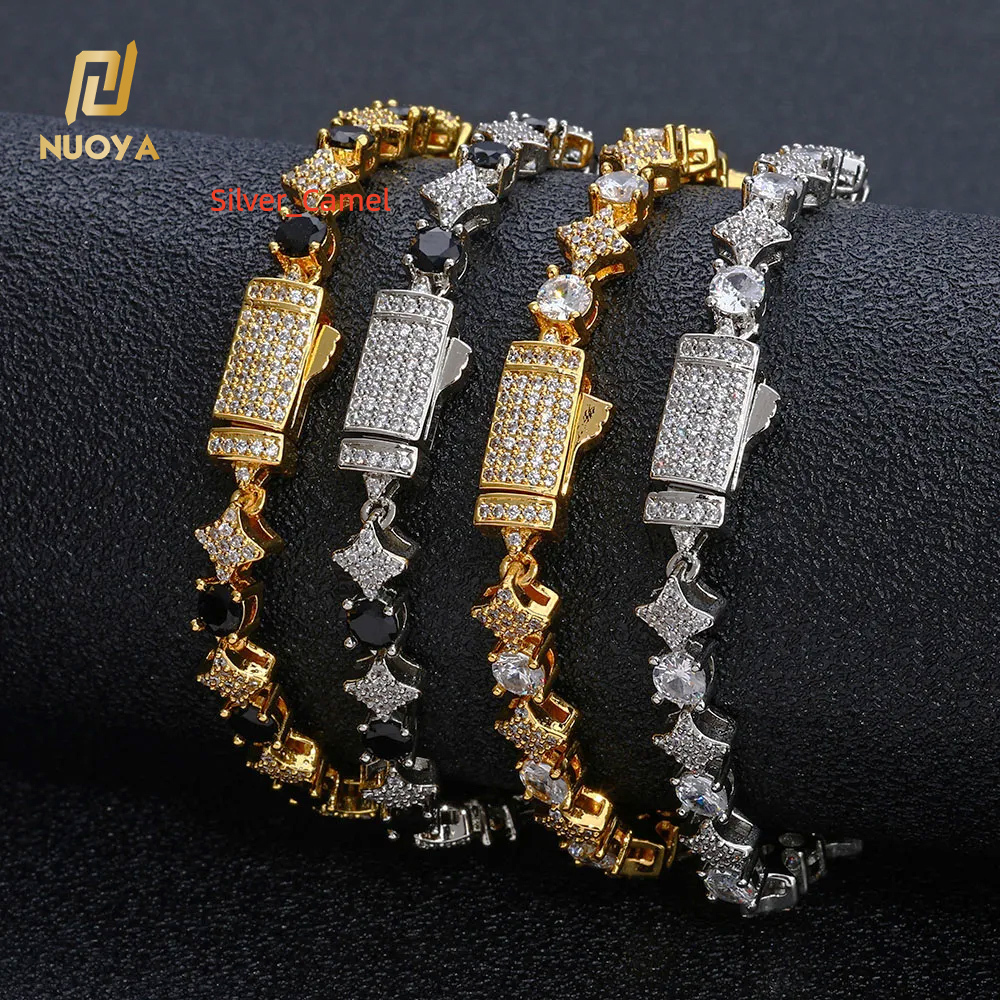 Nuoya 6 mm de haute qualité Rond Moisanite Diamond Gold Silver Star Shape Tennis Chain Chain Bracelet For Women Bling Hip Hop Fine bijoux