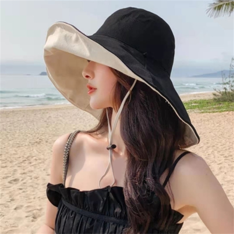 Spring Summer Big Wide Brim Women Bucket Hat Solid Color Foldable UV Protection Outdoor Beach Panama Cap Sun Hats 220607