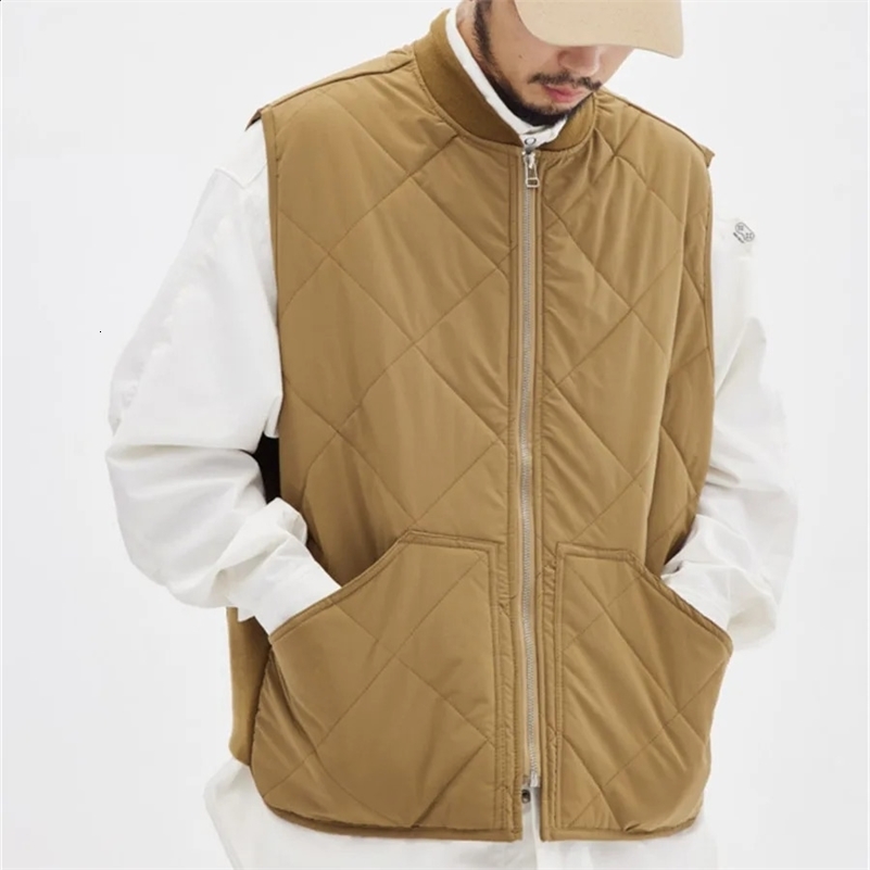 Mens Autumn Winter Warm Vest Sleeveless Jacket Cotton Padded Waistcoat Cargo Work Wear Male Clothes Rhomboid Coat Streetwear 241120
