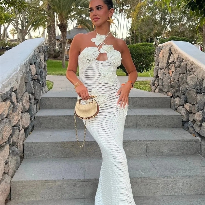 Sexy 3D Flower Knitted Dress Women Hollow Out Halter Sleeveless Beach Long Dresses Female Summer Vacation Ladies Vestidos 250425