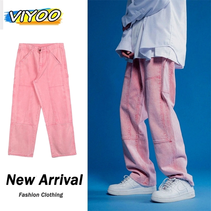 Mens Y2K Oversized Clothes 5XL Vintage Pink Jeans Baggy Harajuku Casual Cargo Denim Wide Leg Pants Cotton Korean Mens Trousers 240819