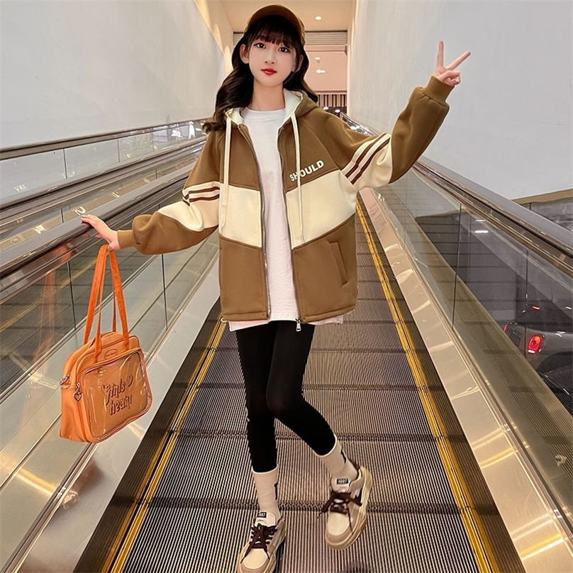 Jackets Children s Clothing Letter Print Fashion Outerwear Autumn Winter Hooded Tops Teen Girls Thick Warm Casual Patchwork Coats 4 14 Y 221010