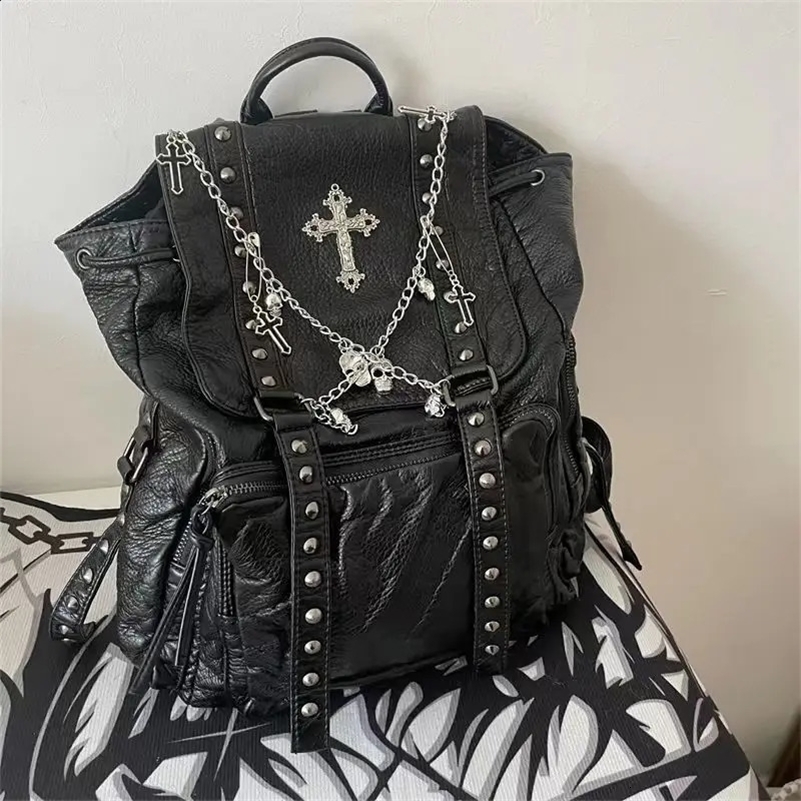 MBTI Goth Y2k Backpacks for Women Black Punk Rivet Chain School Students Bag Pu Leather Cross Skeleton Fashion Female Backpacks 241120