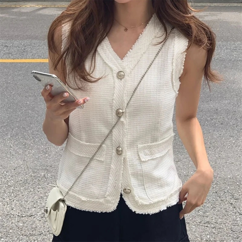 Temperament V-neck Chic Metal Button Loose Casual Versatile Sleeveless Vest Tweed Jacket Chalecos Para Mujer Tank Tops 240823