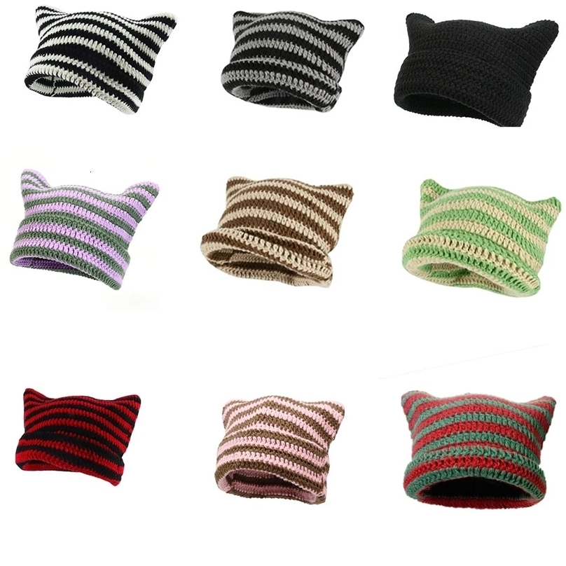 Crochet Hats for Women Men Cat Ear Bonnet Girl Knitted Lazy Style Punk Y2k Cute Slouchy Beanies Loose Fit Handmade Skullies Boys 250806