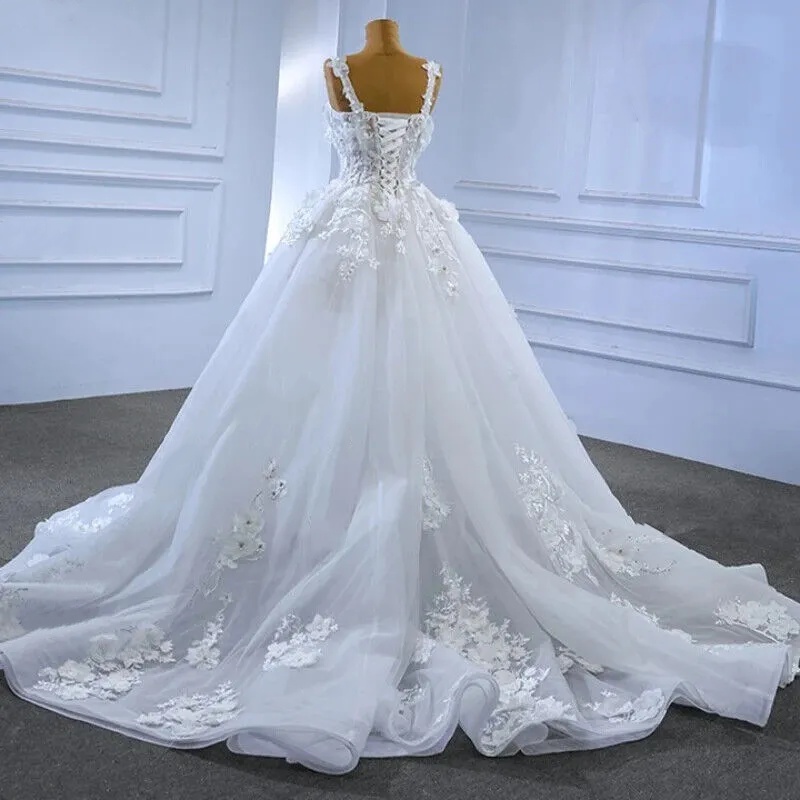Sexy V Neck Side Split Tulle Wedding Dresses Backless A-Line Lace Appliqued Boho Bride Gowns Vestidos De Novia 01