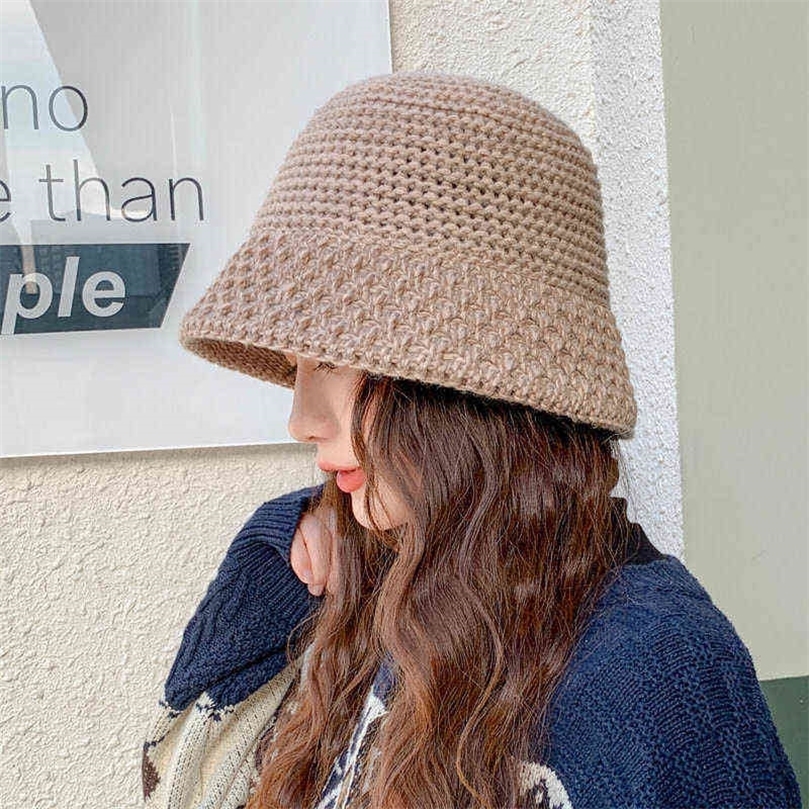 Spring Autumn Hollow Knitted Women Hat Fashion Solid Color Bucket Fisherman Caps Casual All-match Knitting Panama Cap 211222
