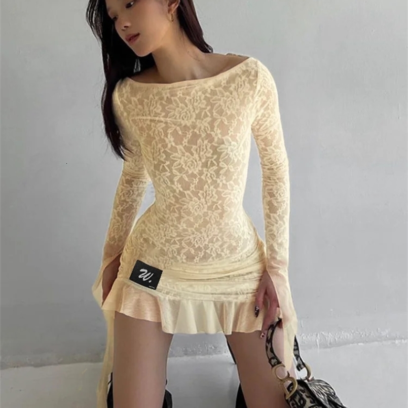 Weird Puss Lace Patchwork Dress Woman Summer Sexy See Through Bandage Backless Ruffles Long Sleeve Irregular Hem Skinny Bodycon 250113