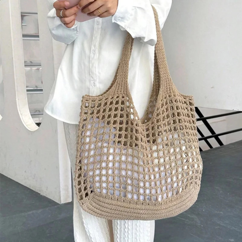 Summer Beach Bag For Women Shopper Tote Bag Shoulder Knit Bag Travel Crocheted Hollow Out Ladies Fashion Handbag 240809