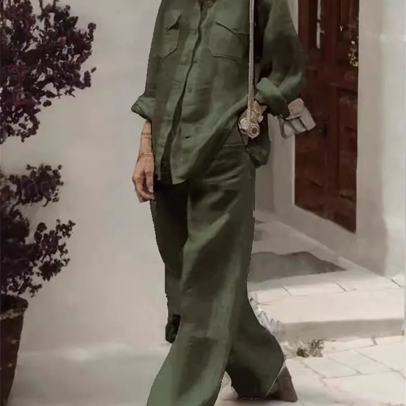 Fashion pure cotton linen shirt 2-piece set womens autumn long sleeved shirt top pocket pants set womens casual set 250327