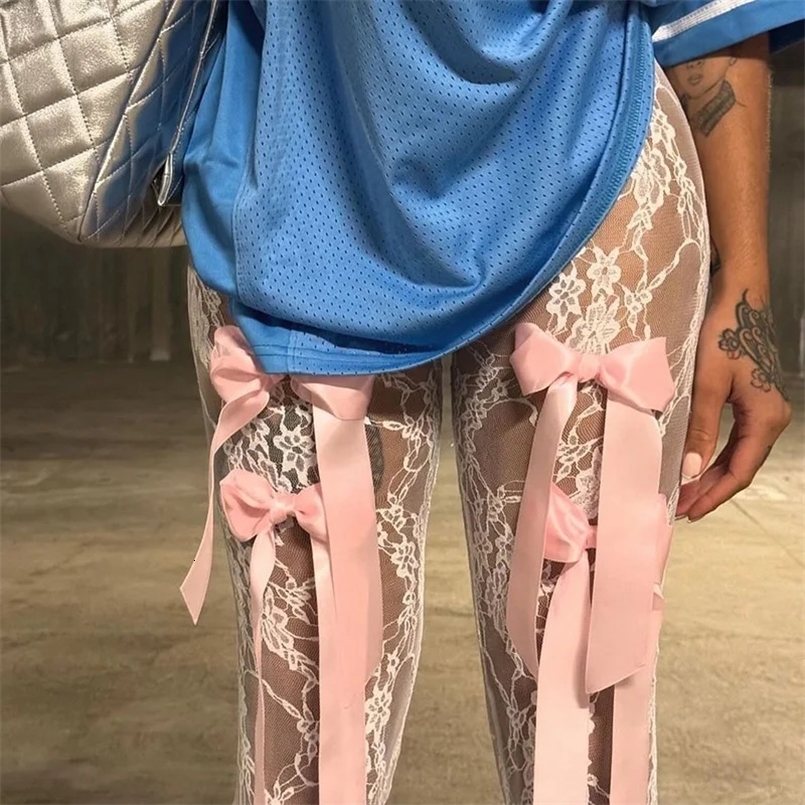 Girls Bow Tie See Through Lace Flare Pants ants Street Wear Bottoms Women y2k Party Club Fashion Sexy White High Waisted Pan 250226