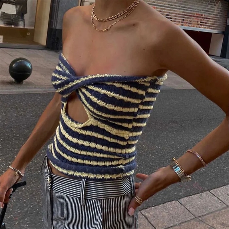 Strapless Knitted Crop Top Women Hollow Out Summer Autumn Sleeveless Backless Sexy Y2k Tank Tops Vintage Fashion 240327