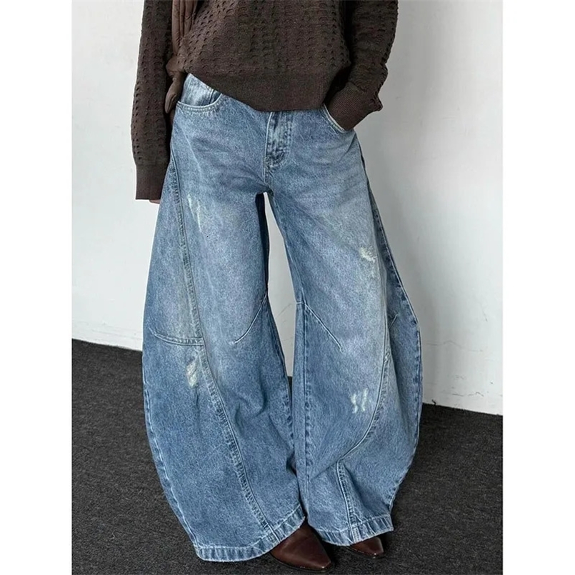 Blue Womens Jeans High Waist Vintage Hip Hop Straight Baggy Denim Pants Street Y2K American Style Wide Leg Denim Trouser 250303