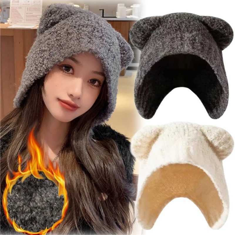 Korean Style Bear Ears Knit Hat For Women Winter Warm Fleece Lined Crochet Beanie Cute Soft Earflap Cap Fashionable DesignXJ250923