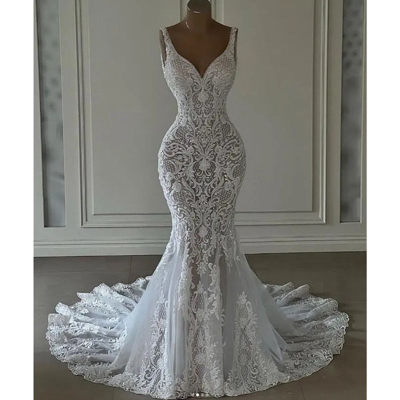 Lace Mermaid Bridal Dress - Elegant Mermaid Wedding Gown with Delicate Lace Applique V-Neck Chapel Train