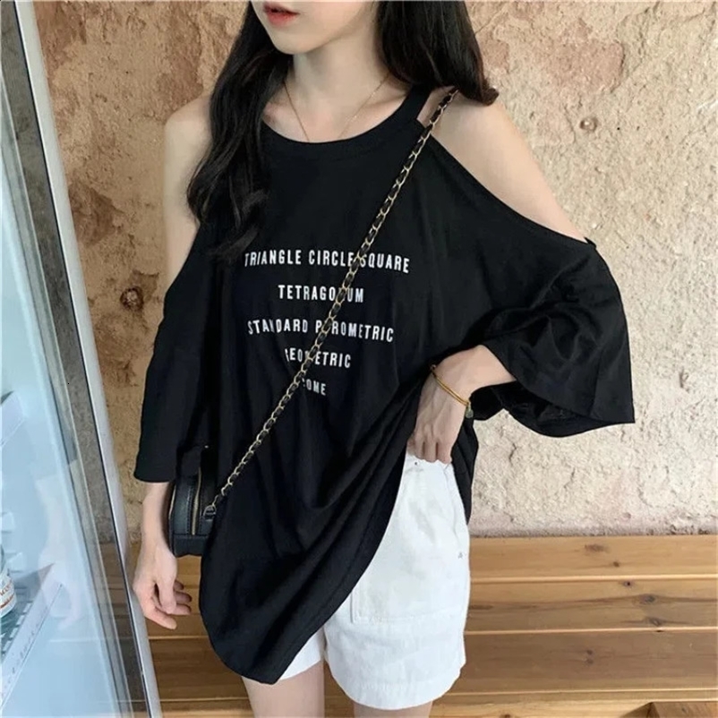 Harajuku Loose Off Shoulder T Shirts Summer Short Sleeve Letter Printing Hollow Out Casual Tops Fashion Y2K Women Clothing 240823