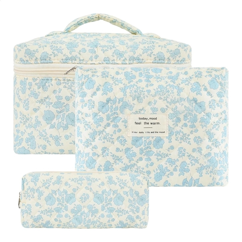 YANZAI 3 Pcs Cotton Quilted Makeup Bag Set Floral Cotton Cosmetic Bag Aesthetic Womens Large Capacity Toiletry Organizer 241226
