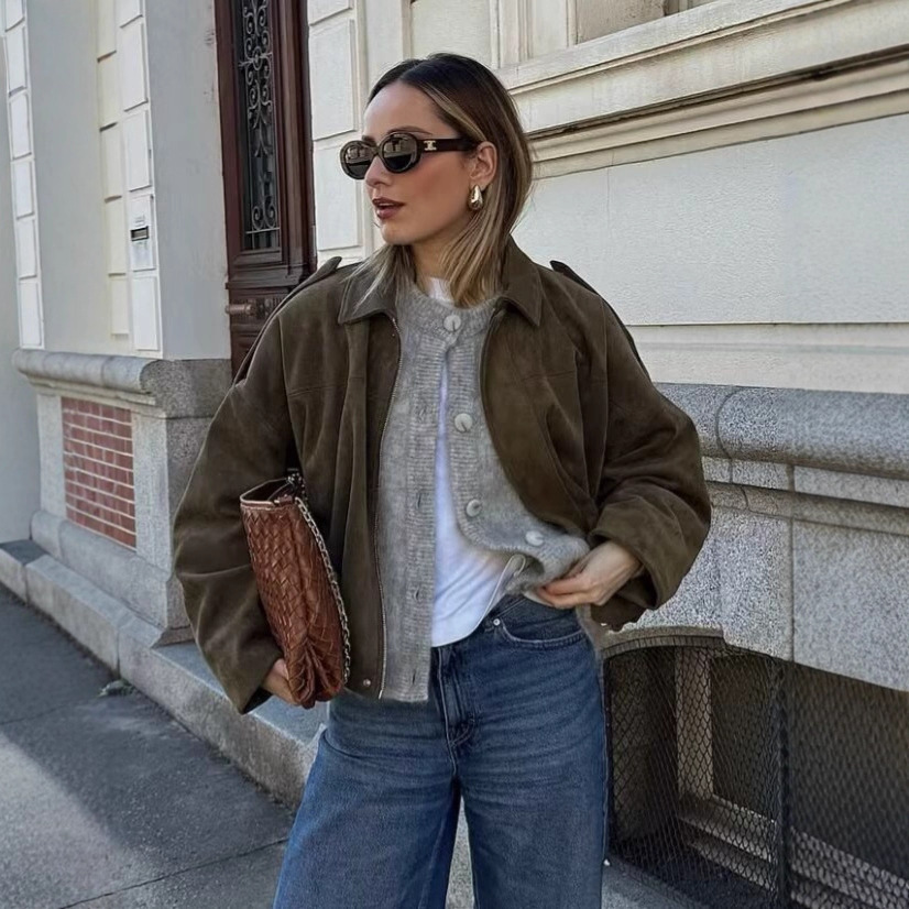 Vintage Women Green Oversize Bomber Jackets 2025 Fashion Ladies Elegant Loose Soft Outfits Jacket for Party Female Chic Clothes R250923