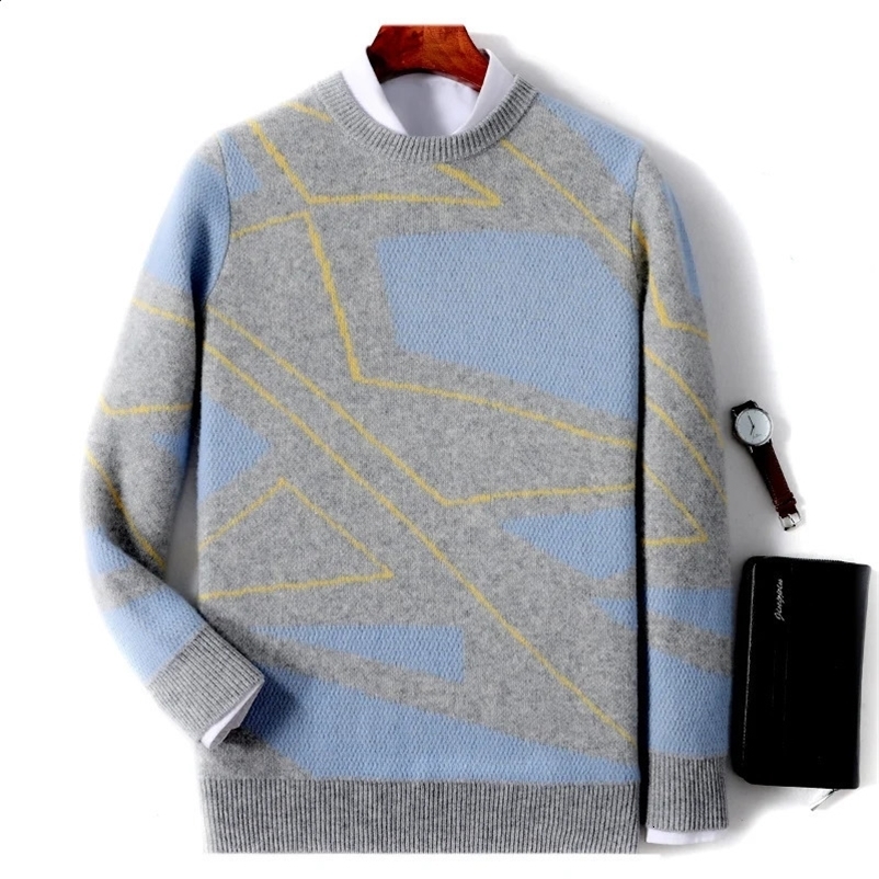 Autumn Winter 100% Merino Wool Thick Warm Mens Round Neck Sweater Knitted Pullover Contrasting Clothing Long Sleeves coat 240914