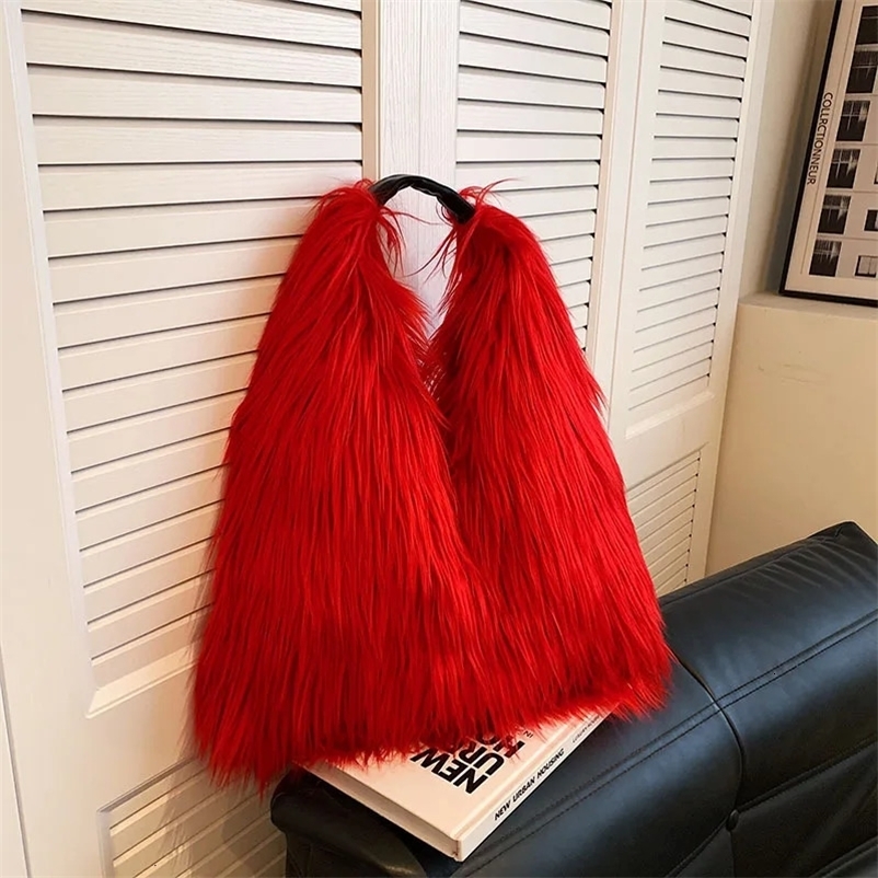 faux fur handbag womens large capacity fur handbag Y2k girl fluffy bag winter plush bottom bag 241205bj