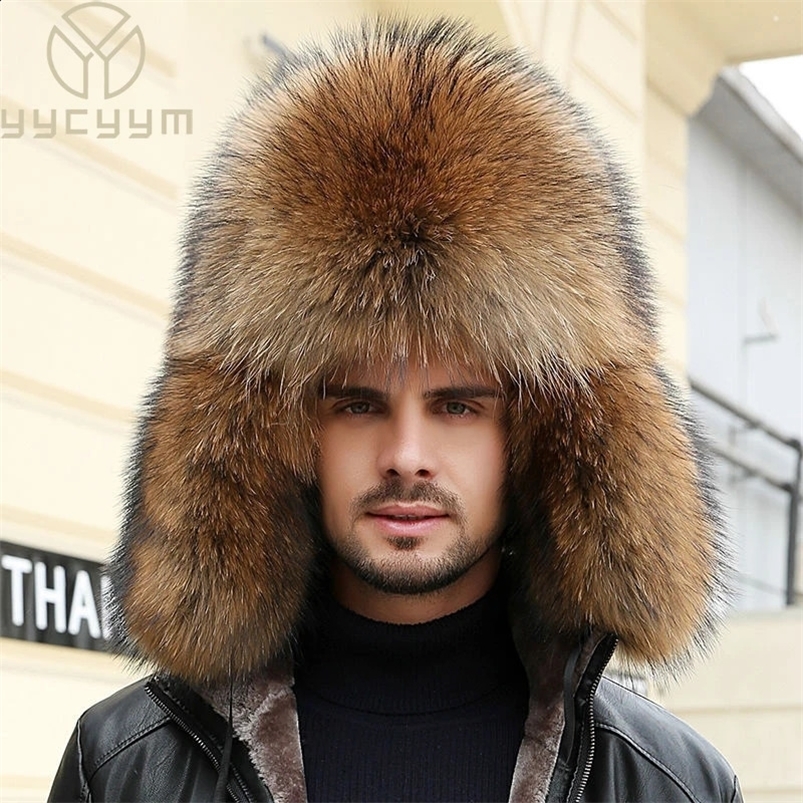 Real Fur 100% Fox Skin Russian Businessmen Pilot Bombers Full Mao Mens hat Ushanka Winter Ear Guard Hat Raccoon Fur Beanie hat 240906