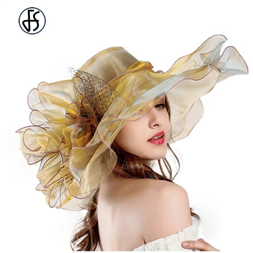 FS Fashion Summer Organza Hats For Women Elegant Ladies Wide Large Brim Church Wedding Hat With Big Flower 250430