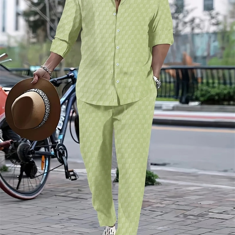 Fall burst mens plaid Henry collar shirt and pants trend casual sports suit 250303