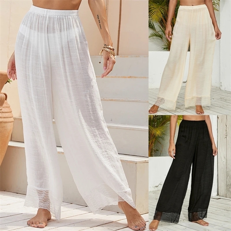 Women Lace Beach Pants Sunscreen See Through Lace Slimming Casual Party Spring Loose Wide-Leg Trousers White/Black/Beige 250226