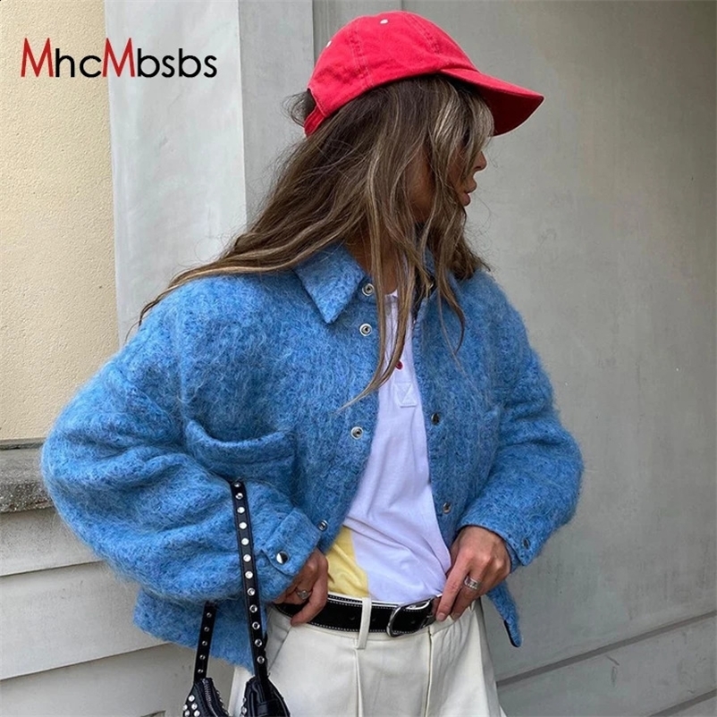 Blue Cardigan Solid Knitted Lapel Long Sleeve Button Up Coat Streetwear Fashion Sweaters Fall Casual Y2K Clothing 240914
