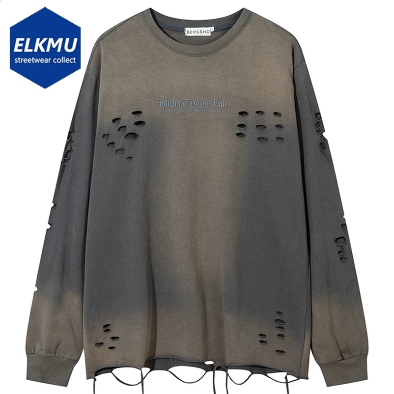 Hip Hop Ripped Long Sleeve T Shirts Men Harajuku Streetwear Oversized T-shirt Vintage Loose Tee Tops Y2K Man Tshirt Black 240821