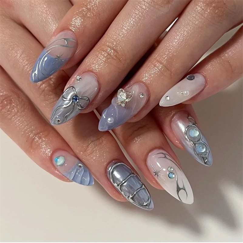 24pcs Sweet Cool y2k Style Ballet False Nails With Glue Acrylic Press on Nails Coffin Almond Full Cover Fake Nails Stick on Nail 241223i