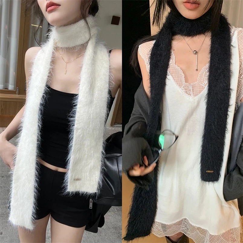Korean Y2K Long Thin Scarf Warm Mink Fur Scarves Womens Autumn Winter Plush Warm Knitted Shawl Fashion Skinny Scarves 241016