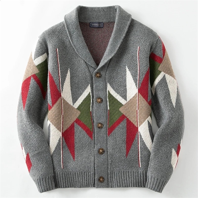 Retro Jacquard Crochet Knitted Thickness Jacket Male Fashion V Neck Button Knit Cardigan Winter Outerwear Mens Sweater Coat 240729