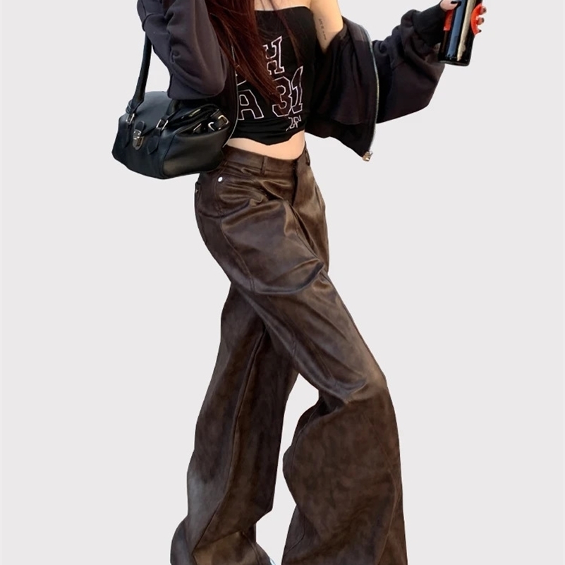 Lautaro Spring Long Loose Casual Soft Distressed Brown Pu Leather Wide Leg Pants for Women High Waist Korean Style Fashion 2024 241120