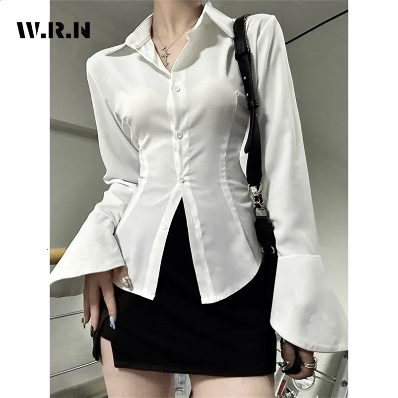 Women Sexy Solid Color Slim Chiffon Shirt Turn-down Collar Flare Sleeve Tunic Bandage Vintage Female Blouses Spring 2025250324bj