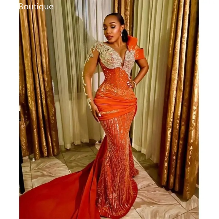 African Orange Plus Size Prom Dresses 2025 New Beaded Lace Sheer Long Sleeves Formal Party Dress Black Women Birthday Gowns 0923