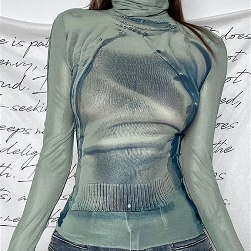 Summer Fashion Shirts For Women Sexy Slim Long Sleeve High Neck Y2k Top Casual Mesh Patchwork Print Streetwear Women Clothes 250109