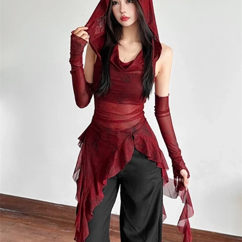 Streetwear 90s Grunge Mesh See Through Hooded Tops Cyber Y2K Irregular Hem Ruffles Hoodie Women Slim Blouse with Cuffs250304bj