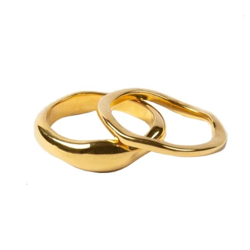 Set Of 2 Pieces Women Finger Ring Gold Color Simple Plain High Polished Bamboo Shaped Stacking Bands 241211