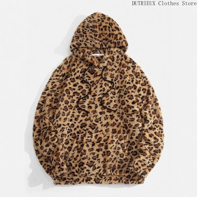 Autumn and Winter Personality Fashion Leopard-print Hoodie Thickened Warm Furry Mens Hoodie Home and Outdoor Soft Hoodie 241220