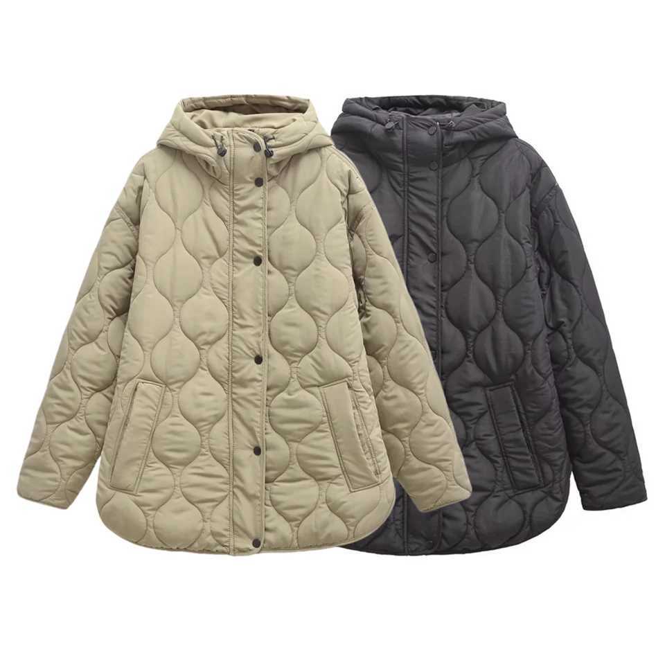 BSKTRAF autumn and winter new womens loose drawstring hooded quilted longsleeved cottonpadded jacket female Z250923