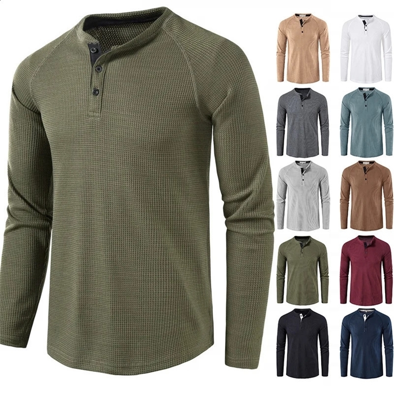 Fashion Waffle Cotton T Shirt Men 2024 Autumn Slim Fit Long Sleeve Henley Tshirt Men Streetwear Casual Solid Color T-Shirt250222bj