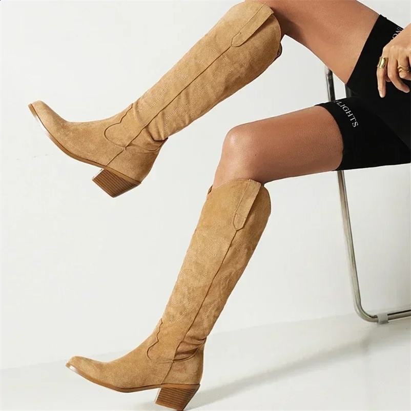 Botas para mujer de punta puntiaguda para mujer Brown Pu Cuero Botas altas