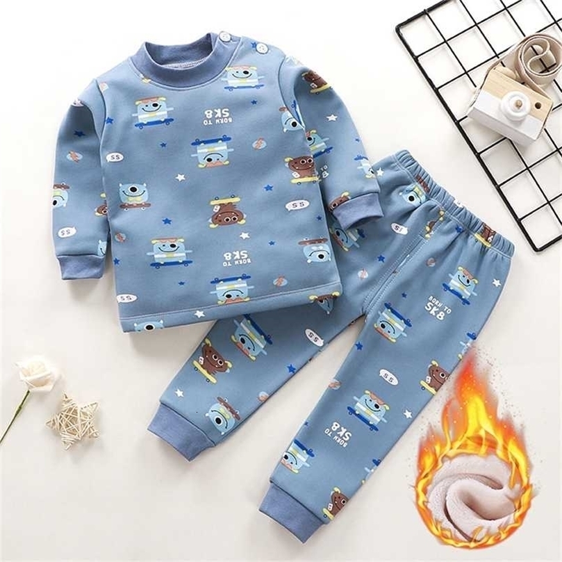 2Pcs Winter Children's Clothing Thermal Underwear Set Plus Velvet 1-6Y Baby Boys Thicken Toddler Girl Clothes Kids Pajamas Suit 211021